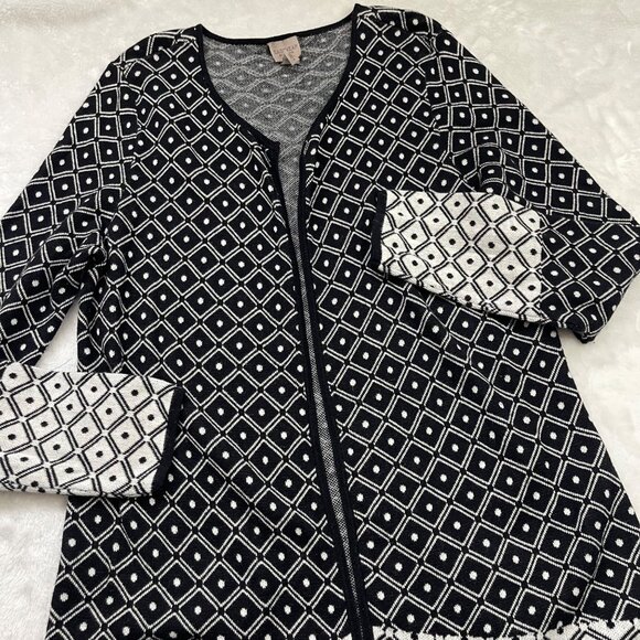 Chico's Easywear Open Front Cardigan Size 2 (US 12) 100% Cotton Knit Black White - Picture 6 of 10